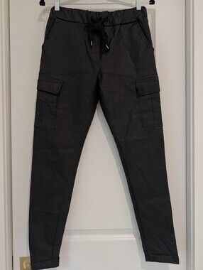 NT By Amati Black Skinny Cargo Jogger Pants with Drawstring Waist Made In Italy